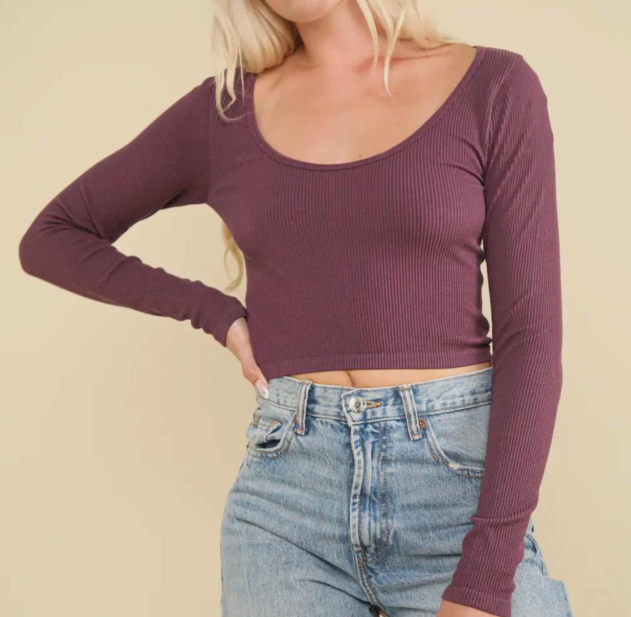 Casual Fitted Crop Layering Top - Plum