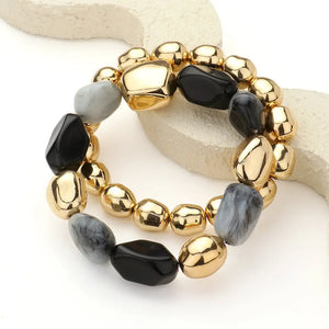 Pebble Stone Stretch Bracelet Set - Black