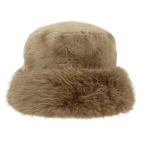 Faux Fur Plush Bucket Hat - Beige