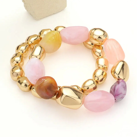 Pebble Stone Stretch Bracelet Set - Pink