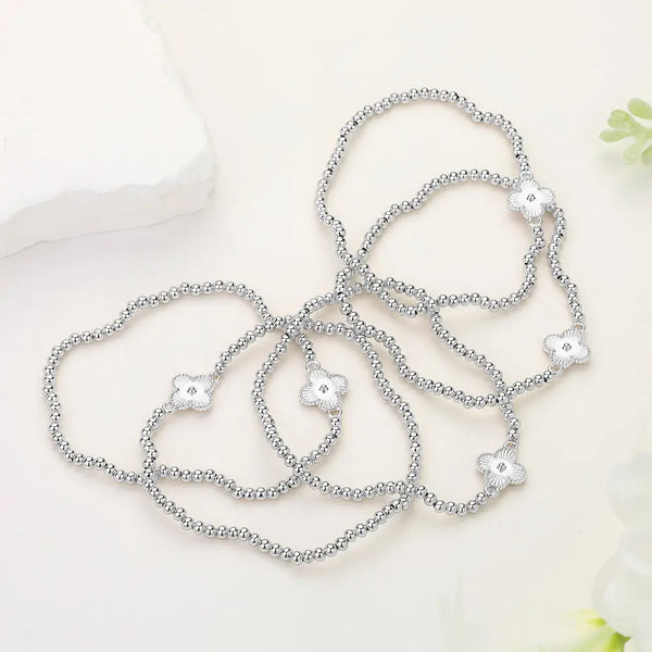 Metal Ball Clover Stretch Bracelet Set - Silver