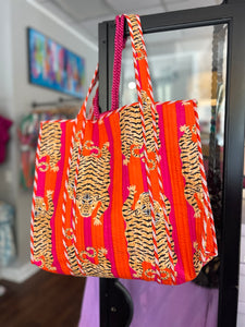 Large Quilted Tiger Tote Bag {Pink & Orange}