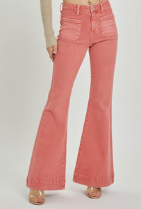 Risen Peach HIGH RISE FRONT PATCH POCKET BELL BOTTOM PANTS