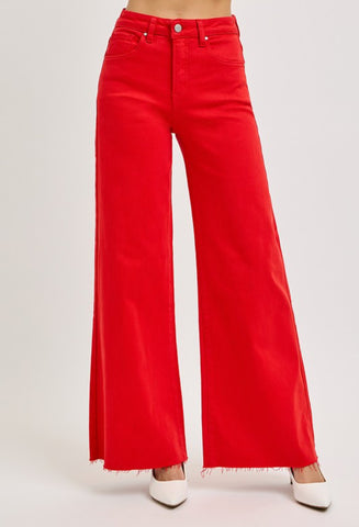 RISEN FIESTA RED HIGH RISE WIDE LEG PALAZZO JEANS