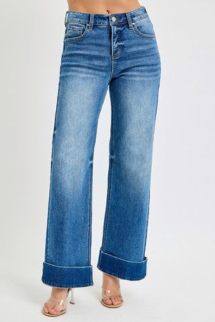 RISEN TUMMY CONTROL HIGH RISE ANKLE WIDE CUFFED JEANS