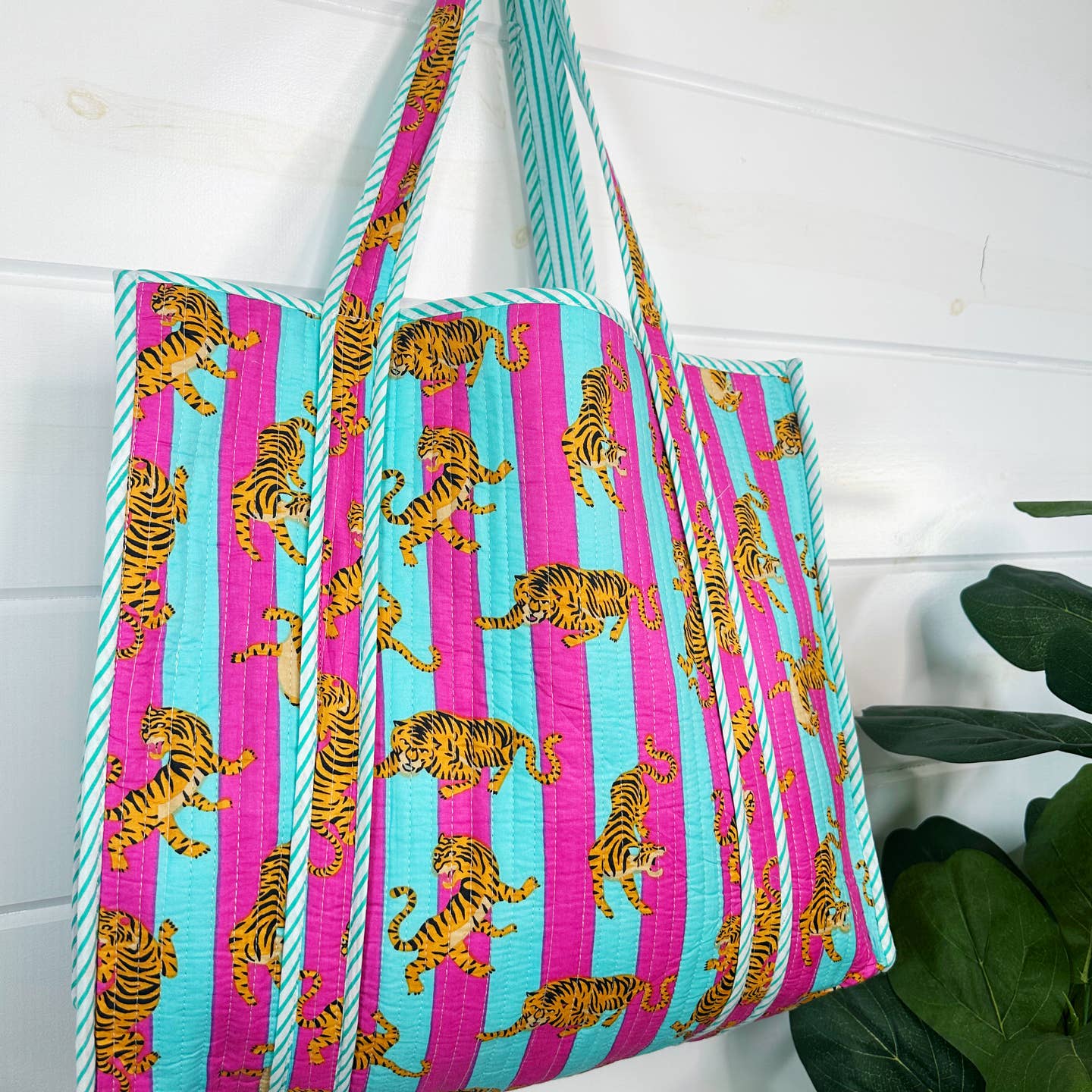 Large Quilted Tiger Tote Bag {Pink & Aqua }