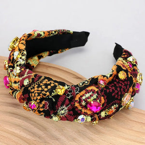 Flower Embroidered Stone Headband - Orange