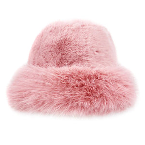 Faux Fur Plush Bucket Hat - Pink