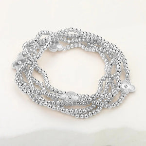 Metal Ball Clover Stretch Bracelet Set - Silver