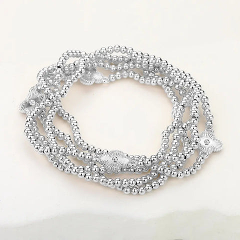 Metal Ball Clover Stretch Bracelet Set - Silver