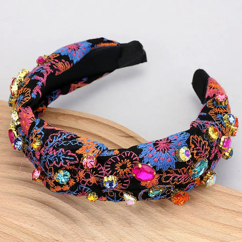 Flower Embroidered Stone Headband - Blue